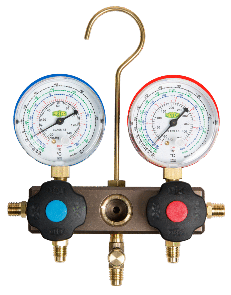 REFCO BM2-8-DS-R32 – Dviejų padėčių kolektorius R32 ir R410A su Burdono tipo manometrais M2